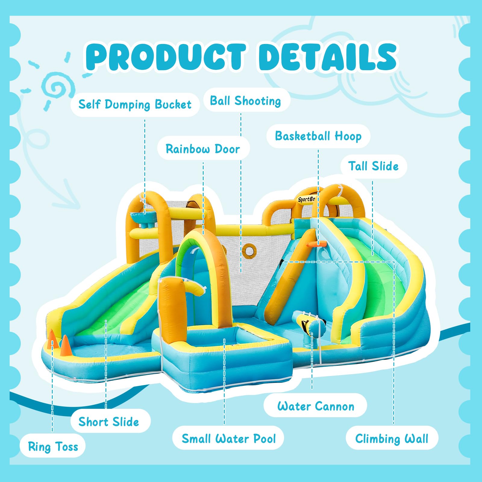 Hüpfburg mit Gebläse und Wasserrutsche, Hüpfburg Kinder für Indoor & Outdoor, Groß Wasser hüpfburgen wasserpark Kinder Outdoor mit Doppelrutsche, Regenbogentor, Wasserkanonen