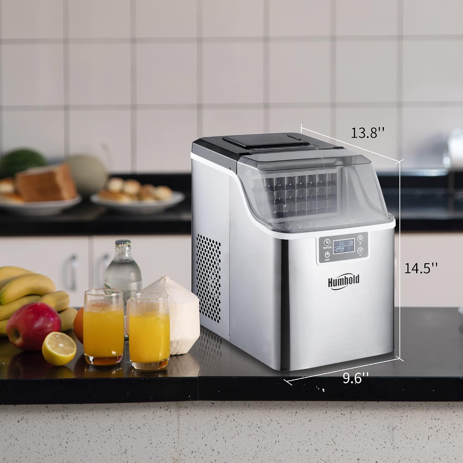 Humhold CounterTop Ice Maker with 24H Preset Program, 44Lbs/24H with Self-Cleaning, 24 pcs Clear Ice Cubes in 12 Mins, 12 Adjustable Thickness Ice Making Machine for Home/Kitchen/Office/Bar