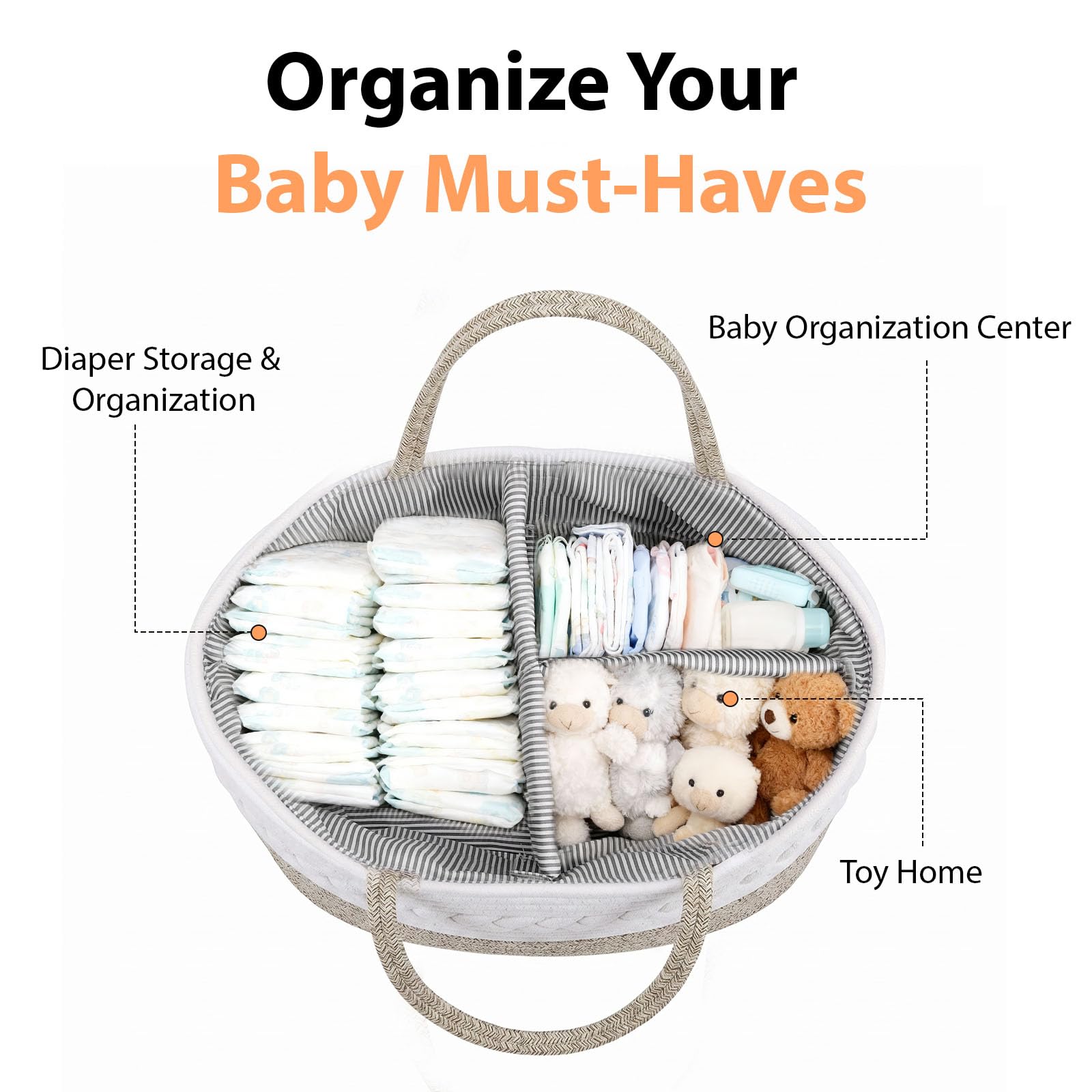Cestino Porta Pannolini Neonato, Cesto Porta Oggetti in Corda di Cotone, Organizer Pannolini Fasciatoio con Maniglie e Scomparti, Contenitore Multiuso per Prodotti Bebè e Baby Shower