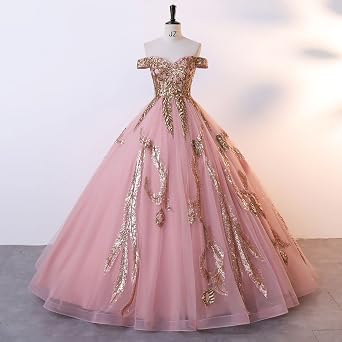 Sequined Pearl Off Shoulder Ball Prom Dress Floor Lenght Tulle Quinceanera Dresses Formal Princess Ball Prom Dress