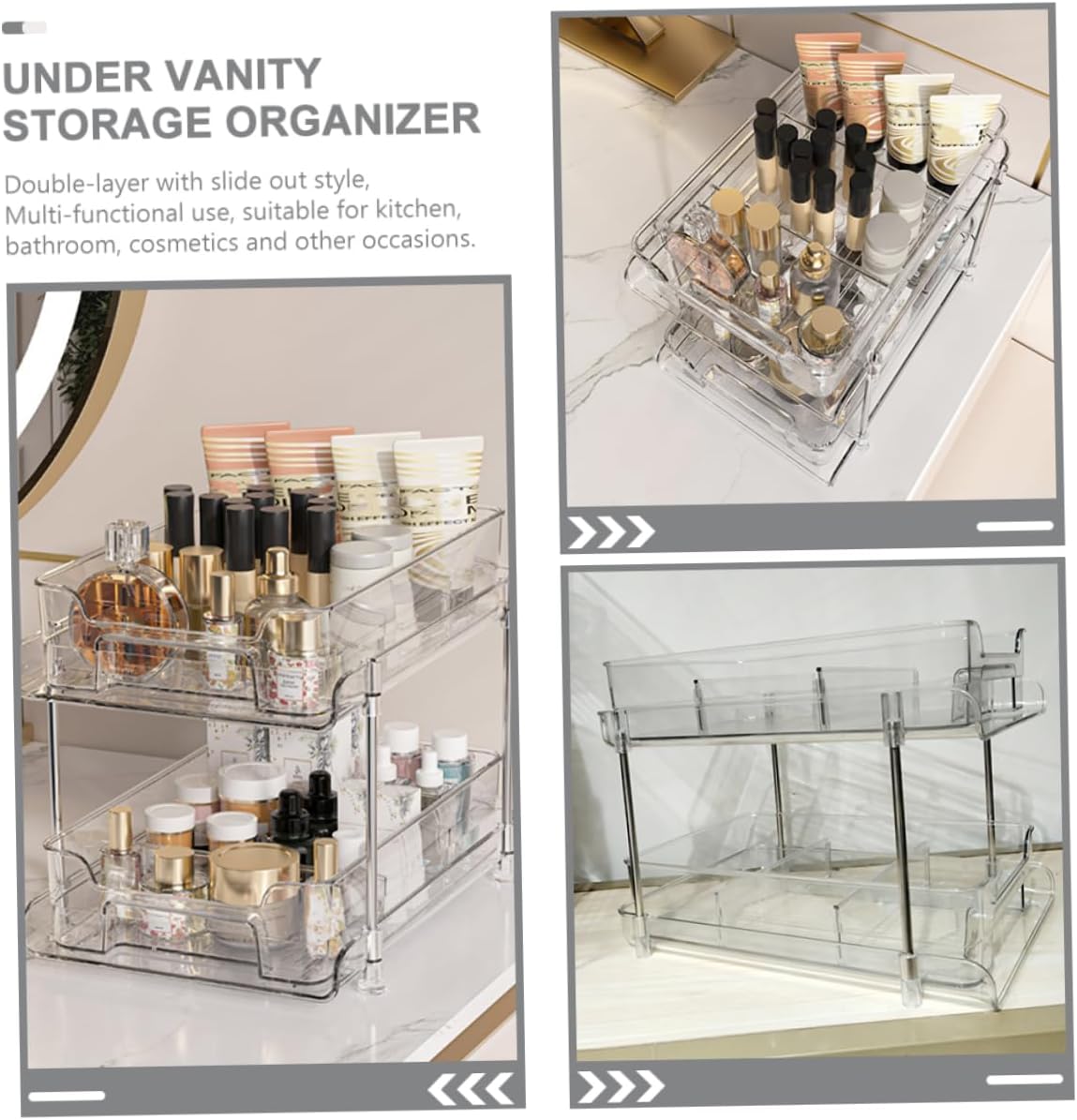 Sosoport Double Layer Storage Organizer for Bathroom and Kitchen Pull Out Design for Easy Access and Pet Material for Cosmetics and Stationery
