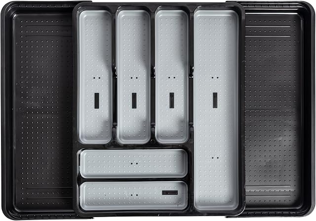 Addis Extendable Premium Soft touch 6 to 8 compartment Cutlery Utensil Drawer Organiser Tray, Black & Grey 6-8 Sections