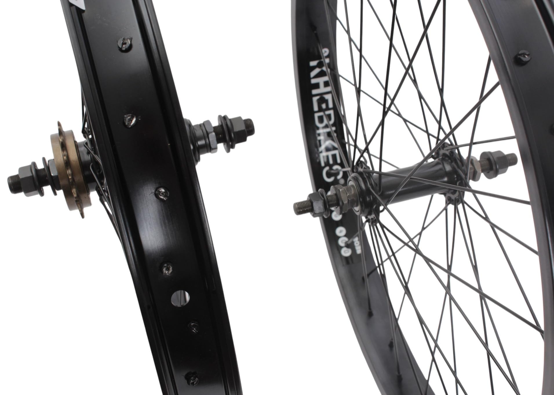 KHE Prism BMX zestaw kół 20 cali – czarny – przednie i tylne koło – oś 14 mm/10 mm – wolne koło 16T – 36H – 7005 aluminiowe felgi