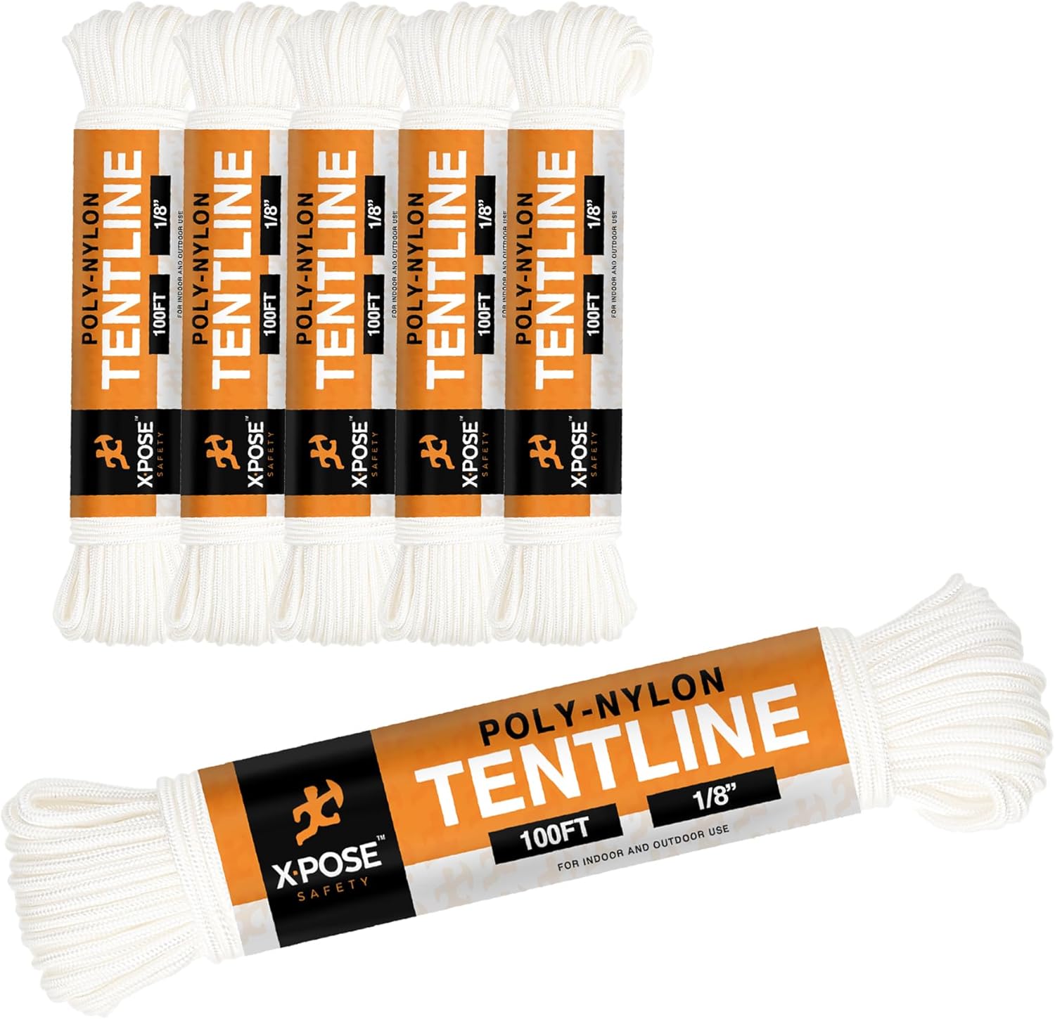 Line Nylon Cord - 100 Ft White Reflective Guyline - Camping Rope, Guy Lines, Tie Down Rope - Tent Accessories & Cordage (White - Pack of 6, 100ft)