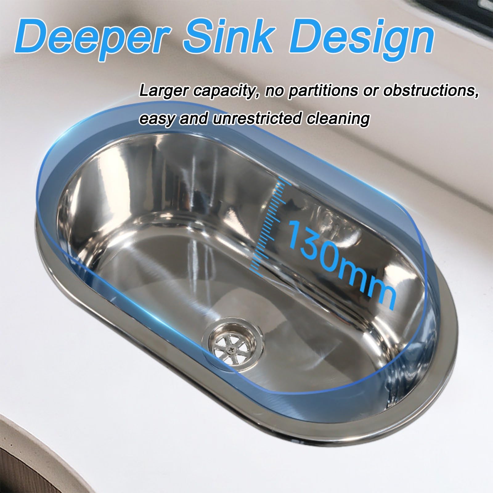 Fregadero Camper de Encastre, Lavabo Caravana Ovalado con Orificio de Drenaje de 40 mm, Acero Inoxidable, Apto para Autocaravanas y Barcos