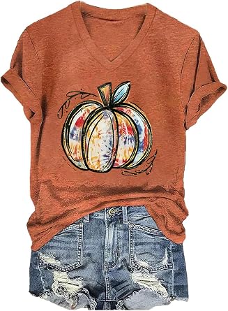 Fall V Neck T-Shirts Women Halloween Graphic Shirts Cute Pumpkin Ghost Tees Funny Holiday Family Short Sleeves Tops