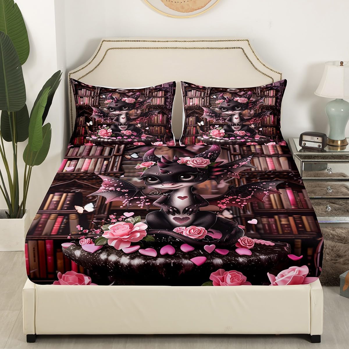 Cartoon Dragon Full Size Fitted Sheet,Western Animal Pink Love Hearts Trippy Floral 3 Pieces Kids Teenager Room Decor Vintage Bookshelf Magical Books Trippy Pocket 2 Pillowcases
