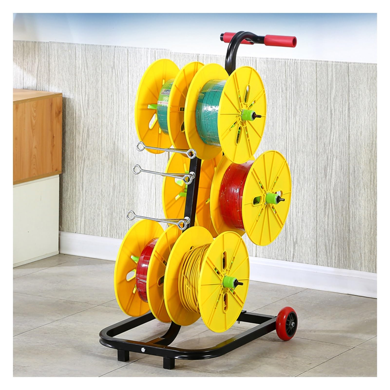 Organizador móvil para carretes de cable de construcción con soporte compacto de 49x47x90 cm
