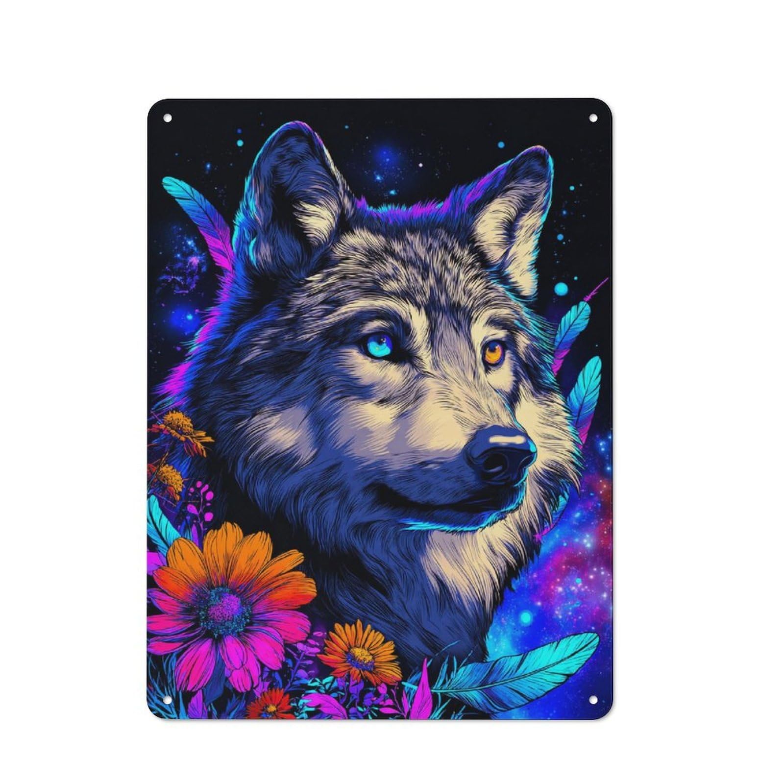 Junmoney Neon Wolf With Flowers Tin Wall Plaque 40X30cm With For Home Office Or Studio, For Home Office Decor Fans