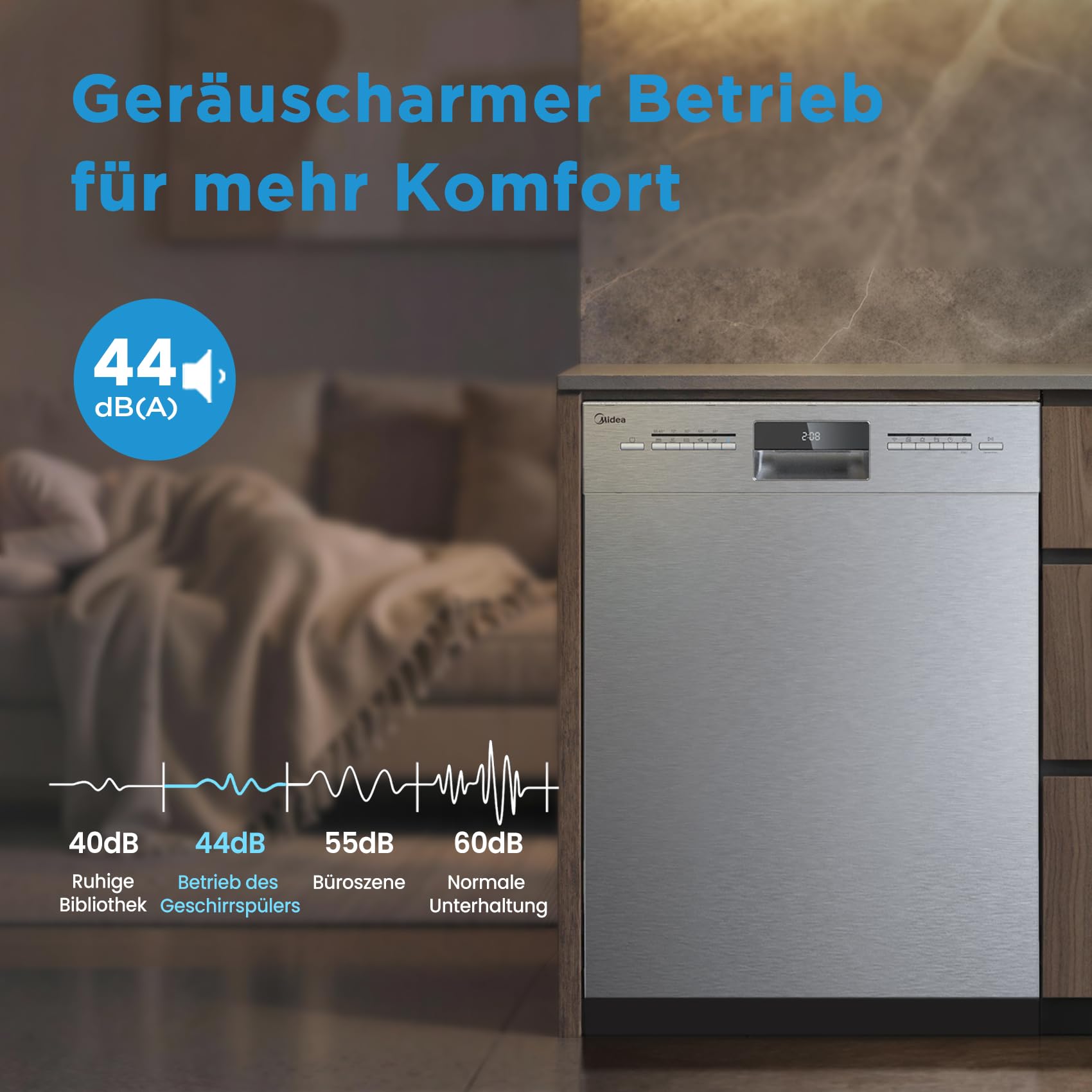 Midea Geschirrspüler Unterbau 60 cm 14 MGD Home Connect Hygienepflege+ Extra Trocknung Silber