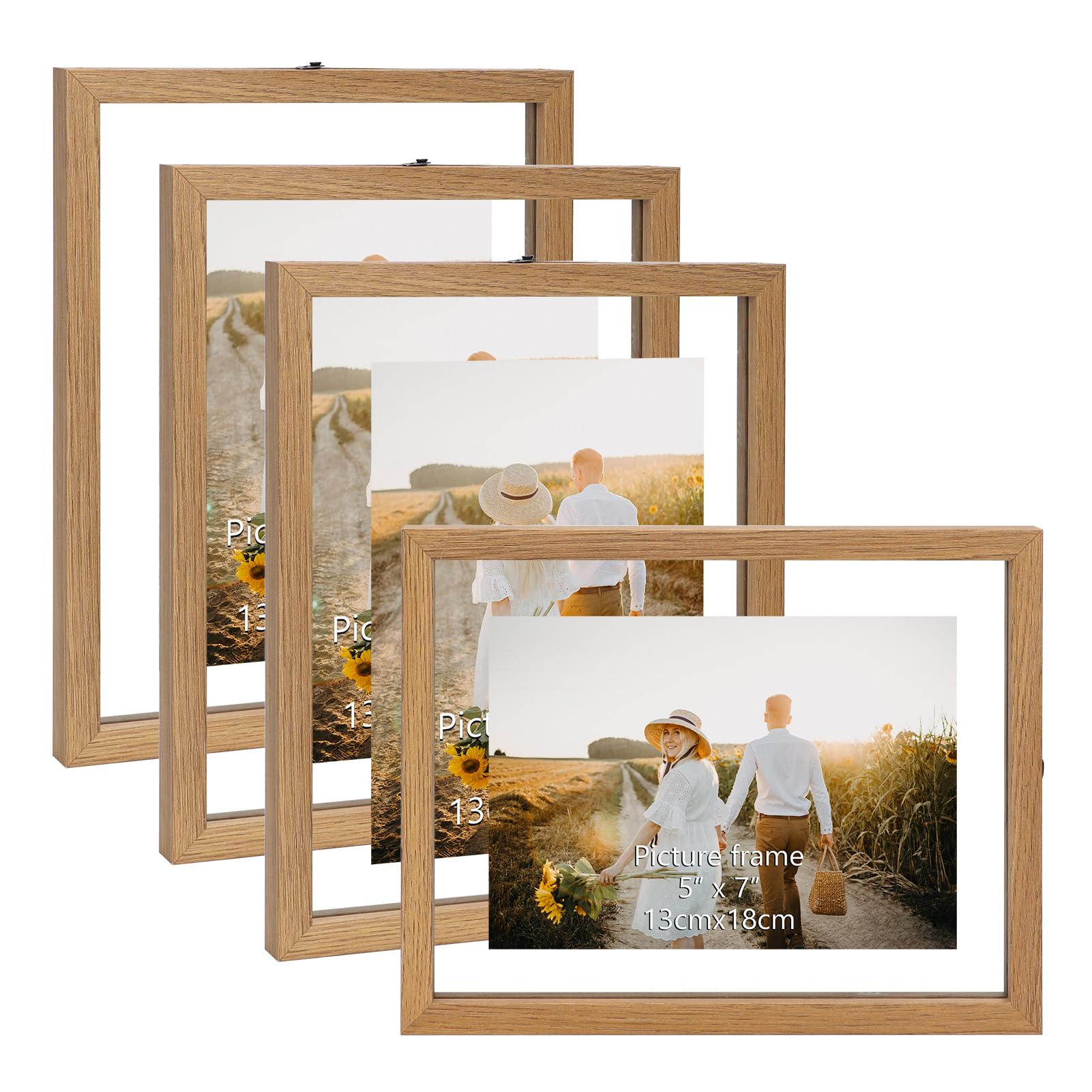WIFTREY 5x7 Floating Picture Frames Set of 4, Natural Wood floating Frame 5 by 7 for Wall Hanging, Double Glass Family Floater Photo Frame Display any Size up to 7x9, Original Wood