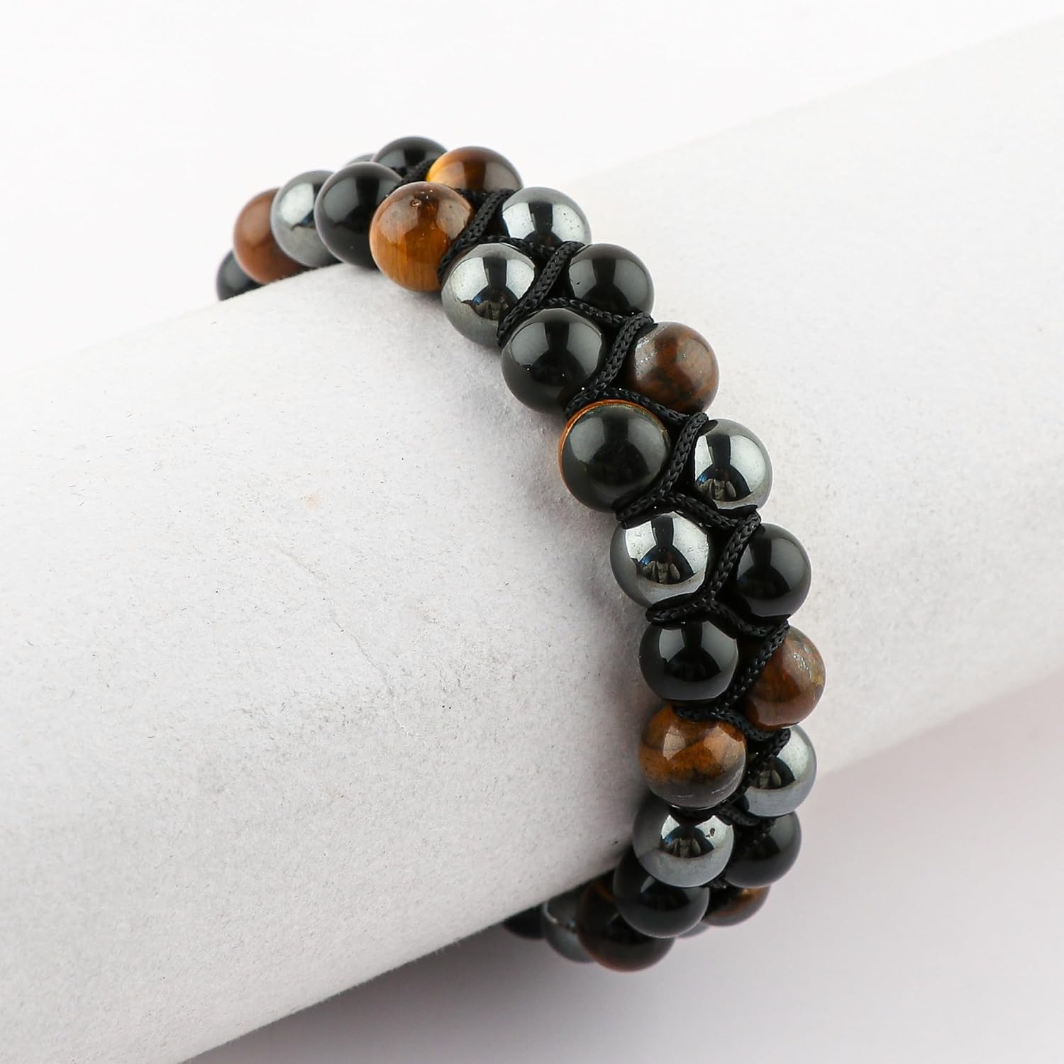 TGH Natural Triple Protection Bracelet Genuine Tigers Eye Black Obsidian Hematite 8mm Beads Bracelet for Men Women Crystal Jewelry Stone Bracelets Christmas Gift for Men Bring Luck Prosperity - Image 4