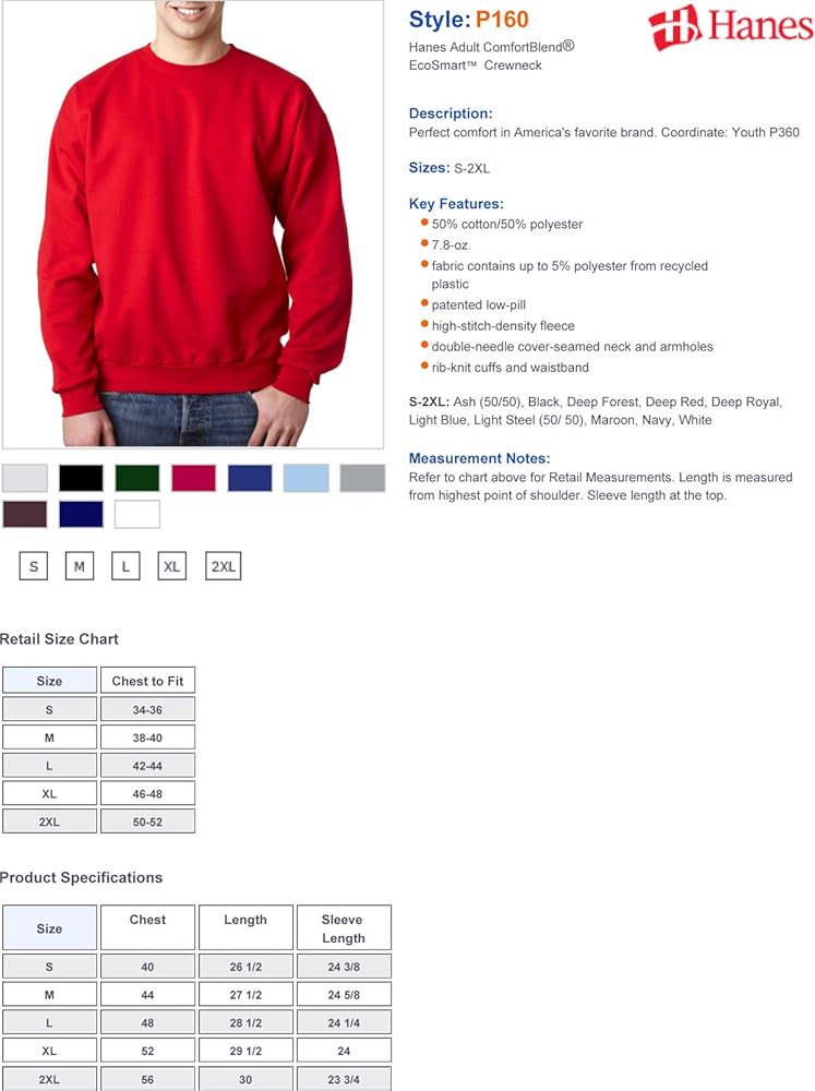 Hanes-Sweatshirt 7.8 oz. 50/50 - NON HOODED~White~Adult-SM
