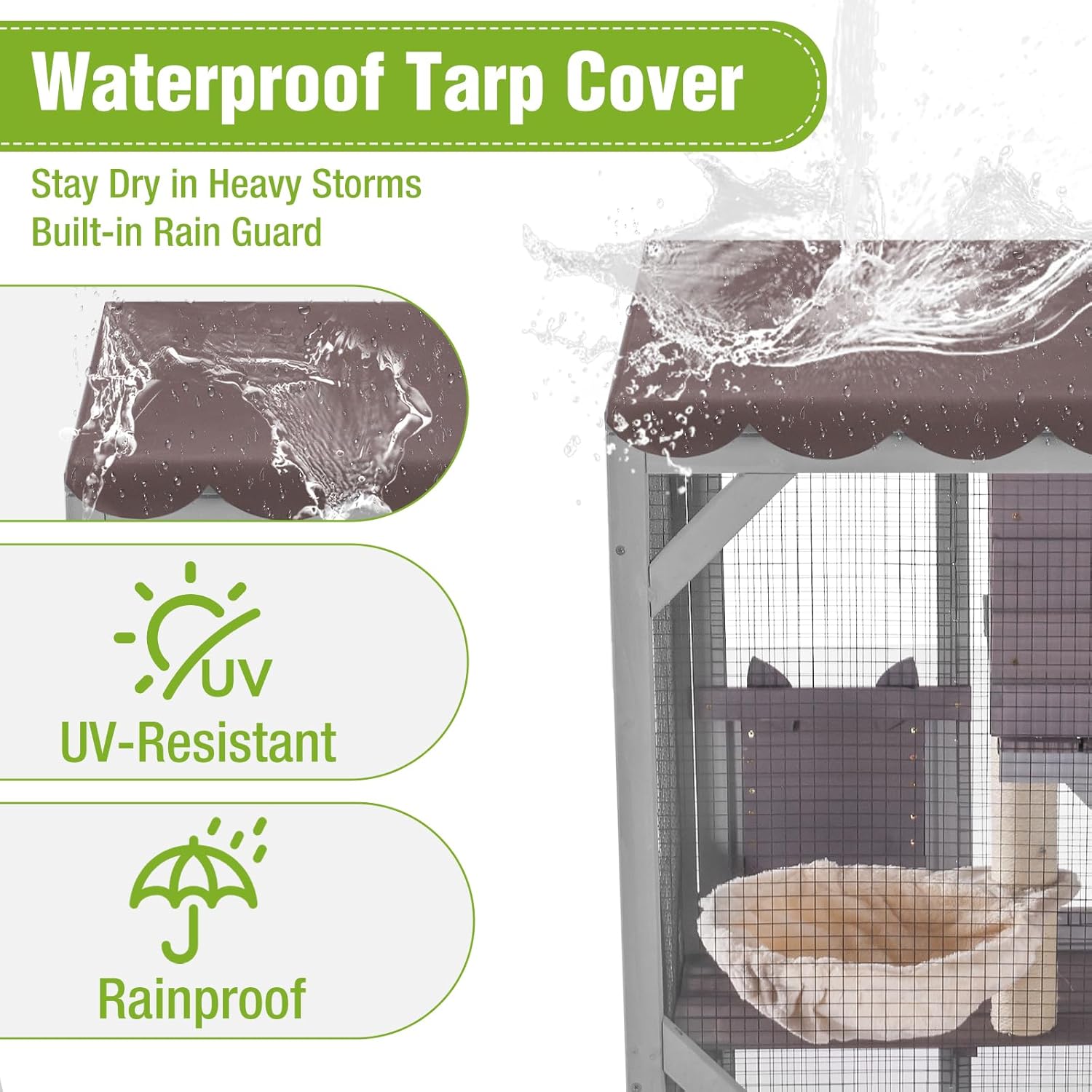 Gutinneen Catio Outdoor Cat Enclosure - 62.5" Large Walk in Cat Cage on Wheels, Multi-Level Kitty House with Cat Scratching Post, PVC Layer, and Waterproof Roof