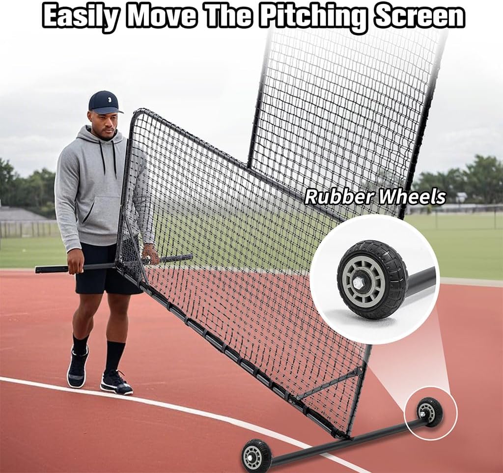 L Screen Baseball Screen Pitching Screen, Baseball Pitching Net with Wheels - 84''H x 84''W, with 42'' x 42'' Cutouts,with Carry Bag Body Protector for Back Drive Lines