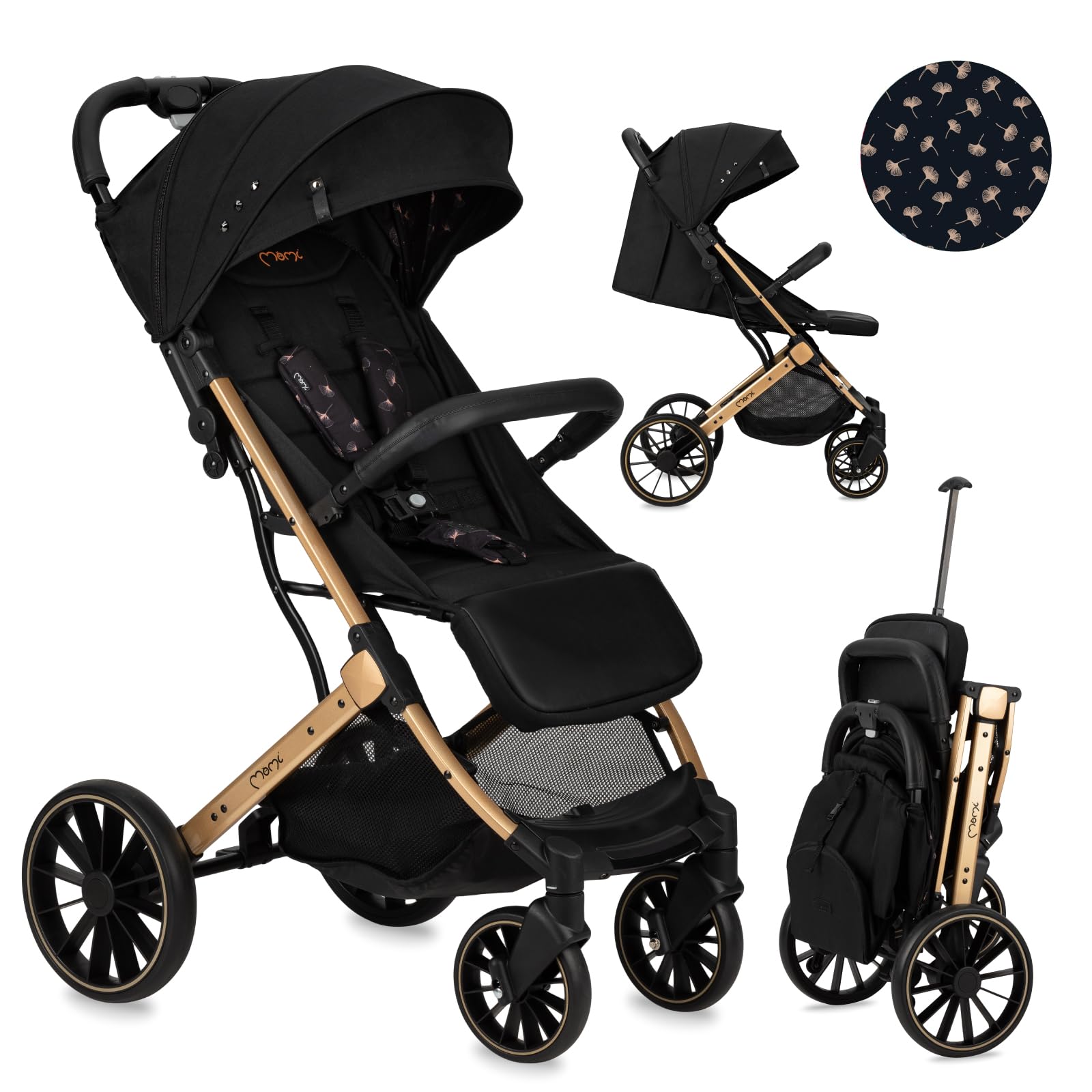 MoMi ESTELLE DAKAR a partir de los 6 meses (hasta 22 kg), silla de paseo plegable con arnés de 5 puntos, cesta de la compra, barra telescópica, se mantiene de pie plegada