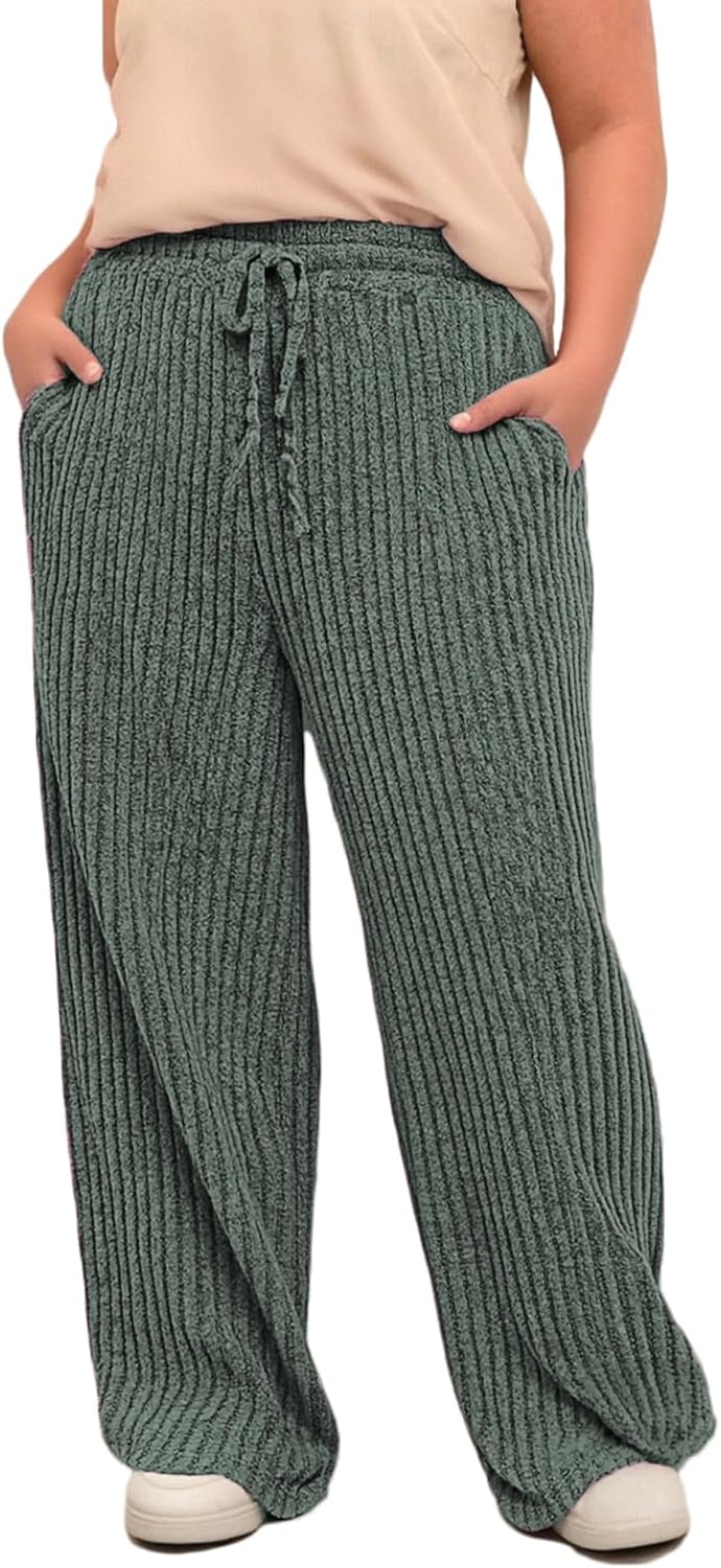 ROSRISS Womens-Plus-Size Wide Leg Pants Elastic High Waisted Casual Ribbed Knit Palazzo Pants Trousers with Pockets 1X-5X
