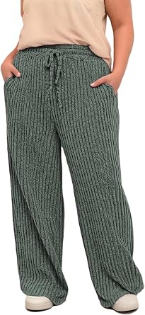 ROSRISS Womens-Plus-Size Wide Leg Pants Elastic High Waisted Casual Ribbed Knit Palazzo Pants Trousers with Pockets