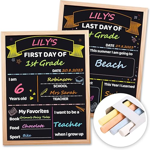 SKYDUE Letrero de pizarra para el primer y último día de escuela, 12 x 16 pulgadas, marco de madera para niños, letrero de doble cara para el primer