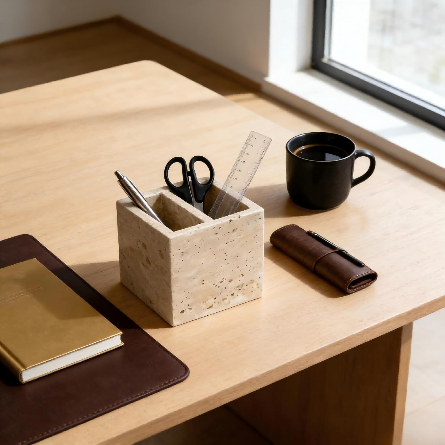 Natural Travertine Stone Desktop Organizer, 2 Compartment Pen Holder for Makeup Brushes, Pens, Scissors and Office Desk Decor, 3.94 x 3.94 x 3.94 in
