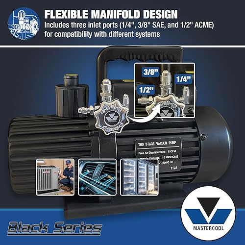 Miniatura 5 de Mastercool 90068-2V-110-BL Bomba de vacío de dos etapas Black Series 8 CFM con motor térmicamente protegido, doble voltaje 110220V, ventilador de