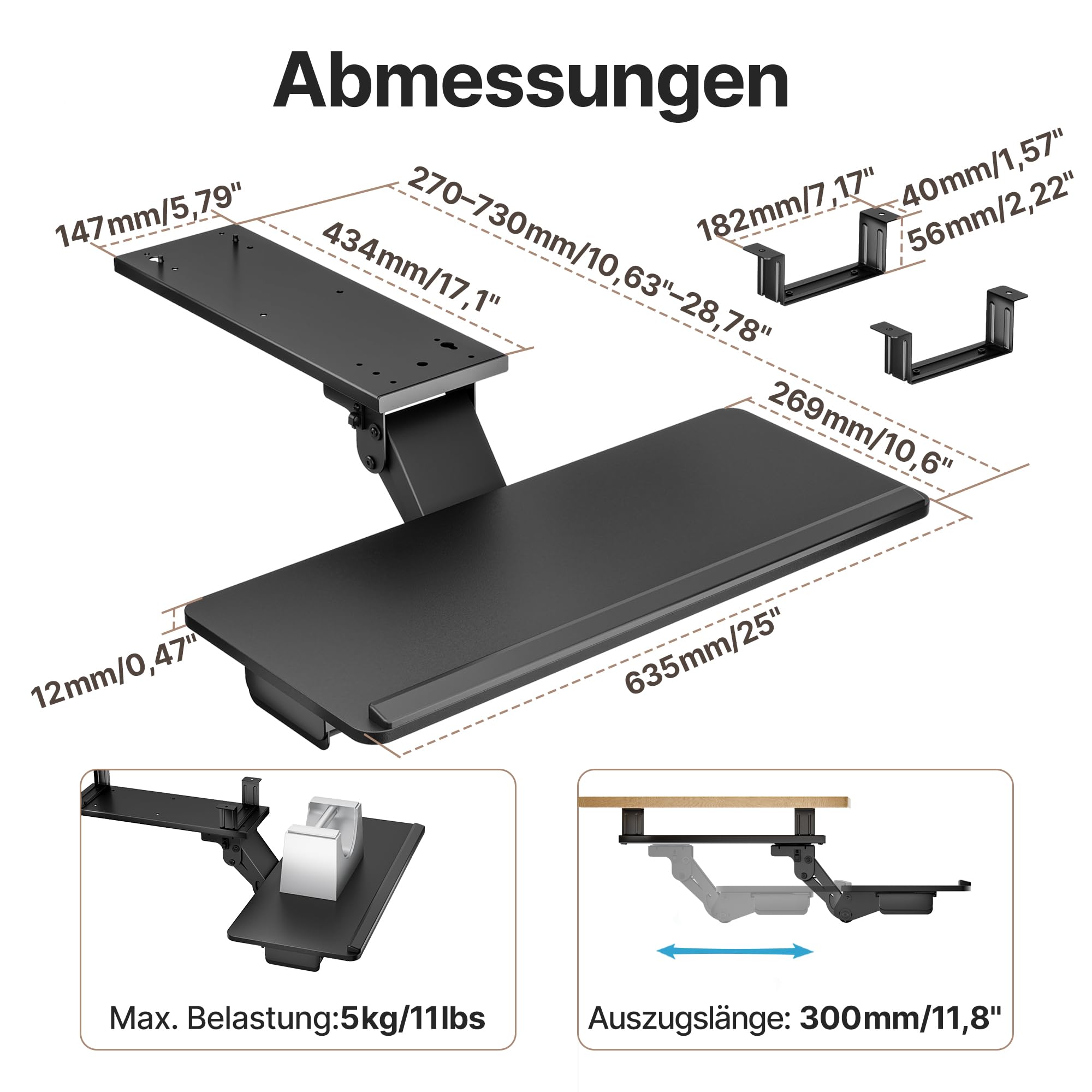 PEGZONE Bandeja para teclado debajo del escritorio con cajón de almacenamiento, gran 635 x 270 mm, ergonómico de altura ajustable, bandeja de teclado giratoria e inclinable para oficina, hogar