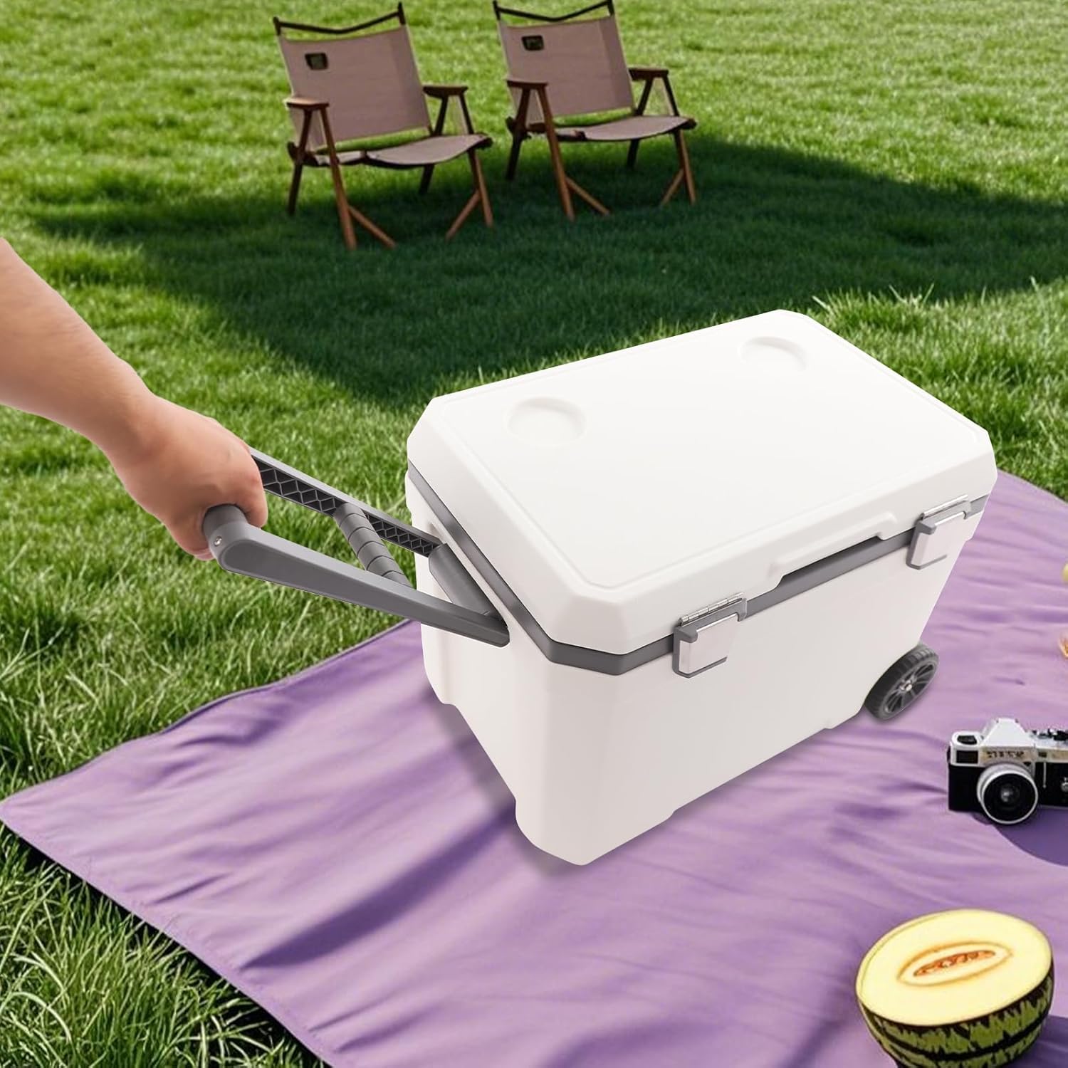 Insulated Portable Rolling Cooler with Wheels, 45L/12 Gal Ice Retention Cooler with Handle, Outdoor Hard Cooler Ice Chest Lunch Box for Fishing, Rowing, Camping, Traveling