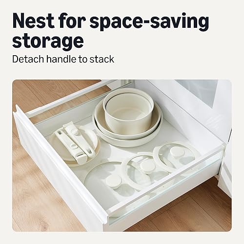 Miniatura 5 de Tienda Basics Ceramic Nonstick Stackable Cookware with Detachable Handles, 11-Piece Set, All Cooktop Friendly, Ivory