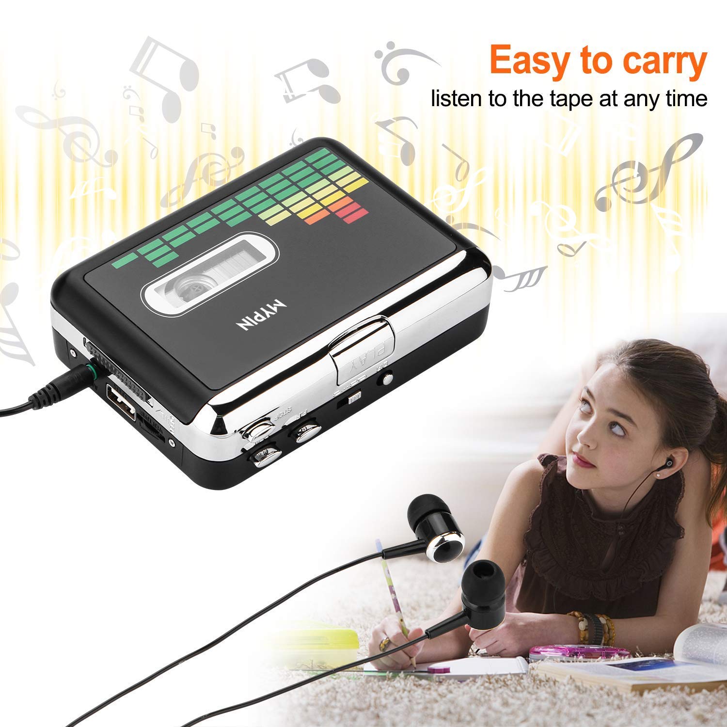 MYPIN Registratore a Cassetta Portatile Lettore Convertitore da Cassetta a MP3 USB con Auricolari
