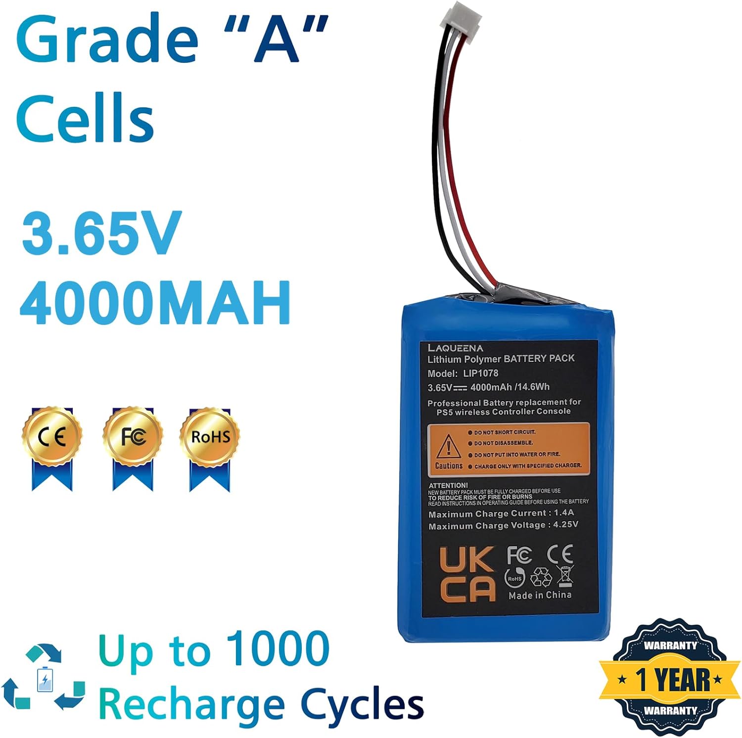 LIP1078 4000mAh Battery (2-Pack) Compatible with Sony PS5 PlayStation 5 Dual Sense Controller CFI-ZCT1W Gamepad