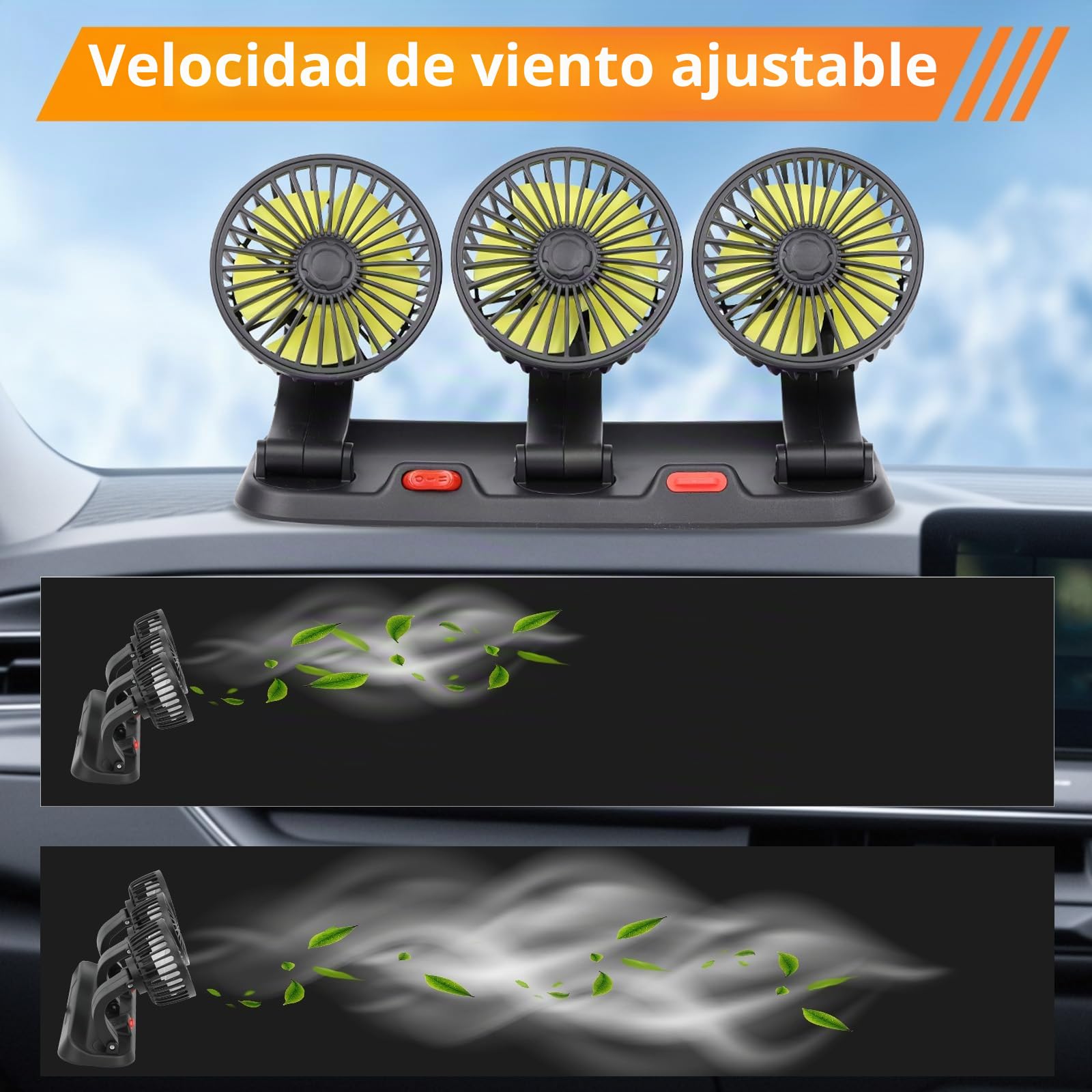 Riloer 12V ventilador para coche, Ventilador de aire de verano de tres cabezas, Ventilador Circulador de Aire de Rotación de 360 °, encendedor de cigarrillos Ajuste de dos velocidades