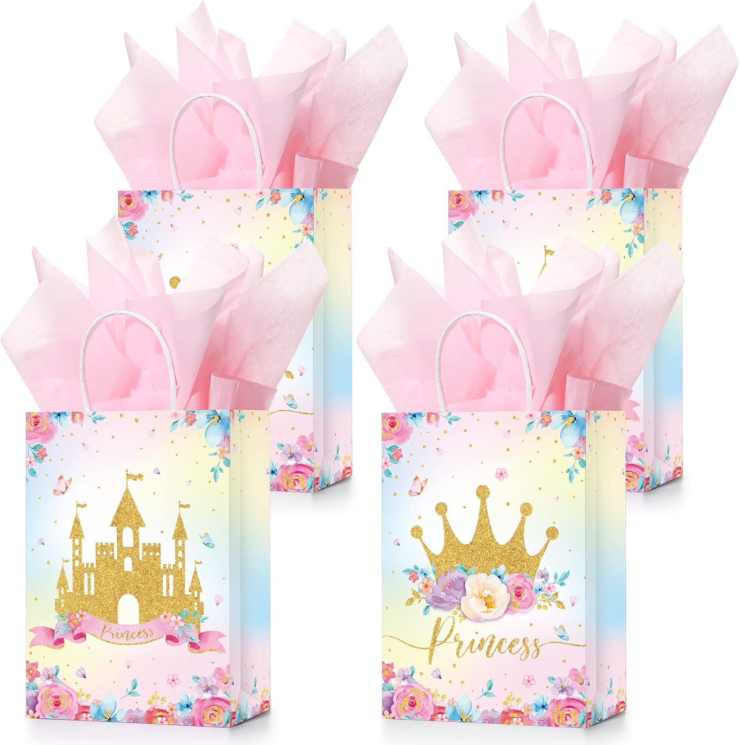 Nezyo 16 Pcs Princess Prince Party Favor Bags with Handles & Tissue Paper Prince Princess Candy Treat Goodie Gift Bags for Birthday Baby Shower Party Favors(Pink Crown and Castle)