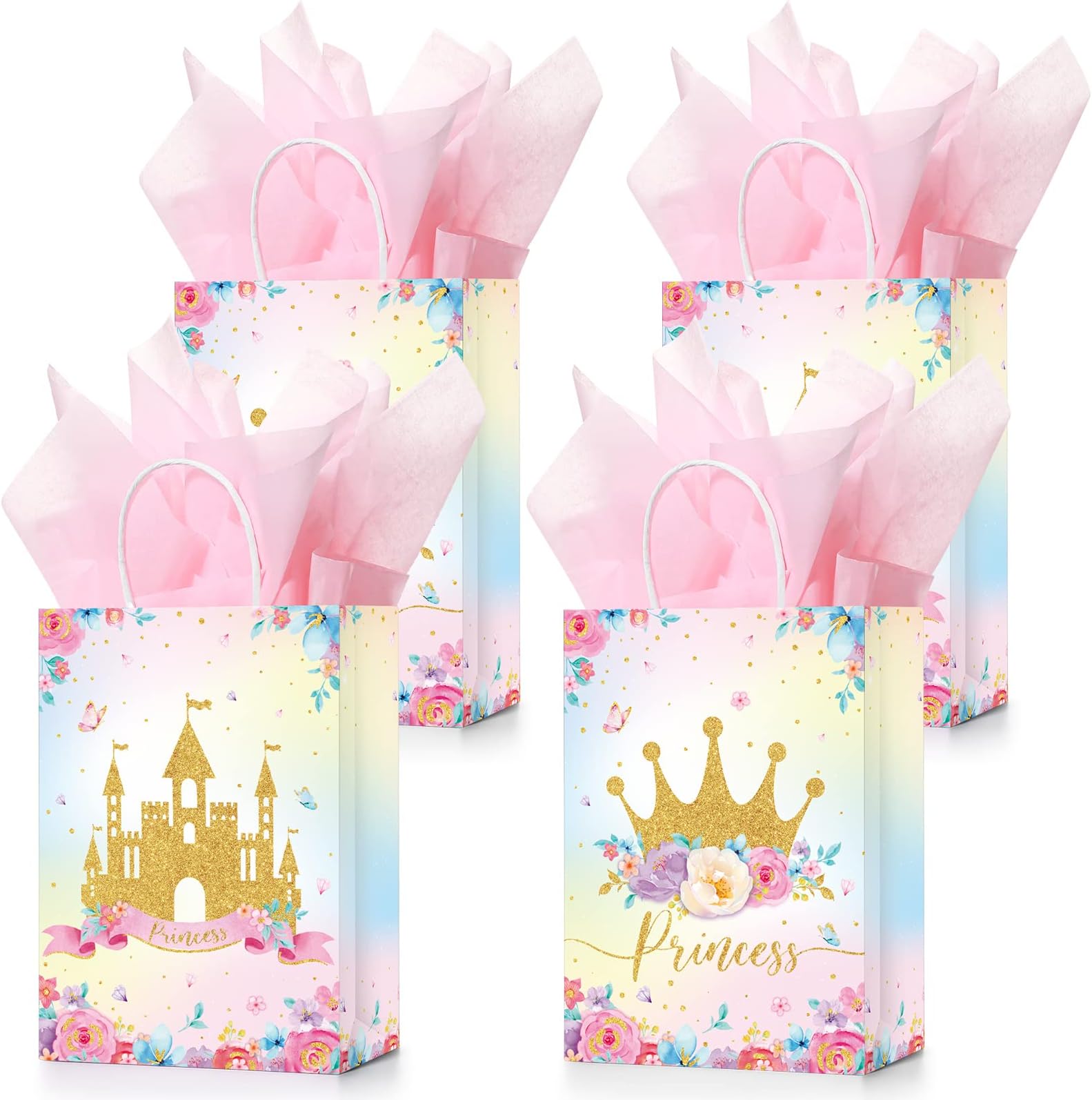 16 Pcs Princess Prince Party Favor Bags with Handles & Tissue Paper Prince Princess Candy Treat Goodie Gift Bags for Birthday Baby Shower Party Favors(Pink Crown and Castle)