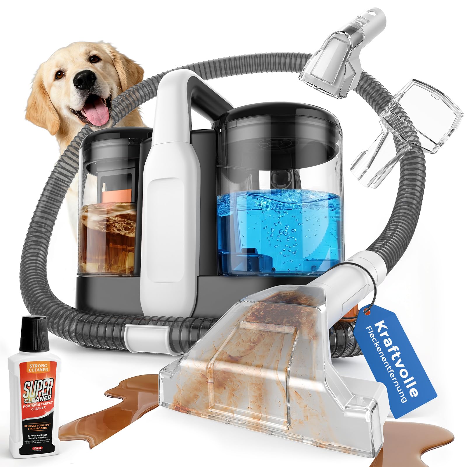 Polsterreiniger Gerät Teppichreiniger Waschsauger mit 15kPa Saugkraft & 500W Motor, Fleckenreiniger für Sofa, Matratze, Teppich und Auto, Selbstreinigender Textilreiniger für Haustiere