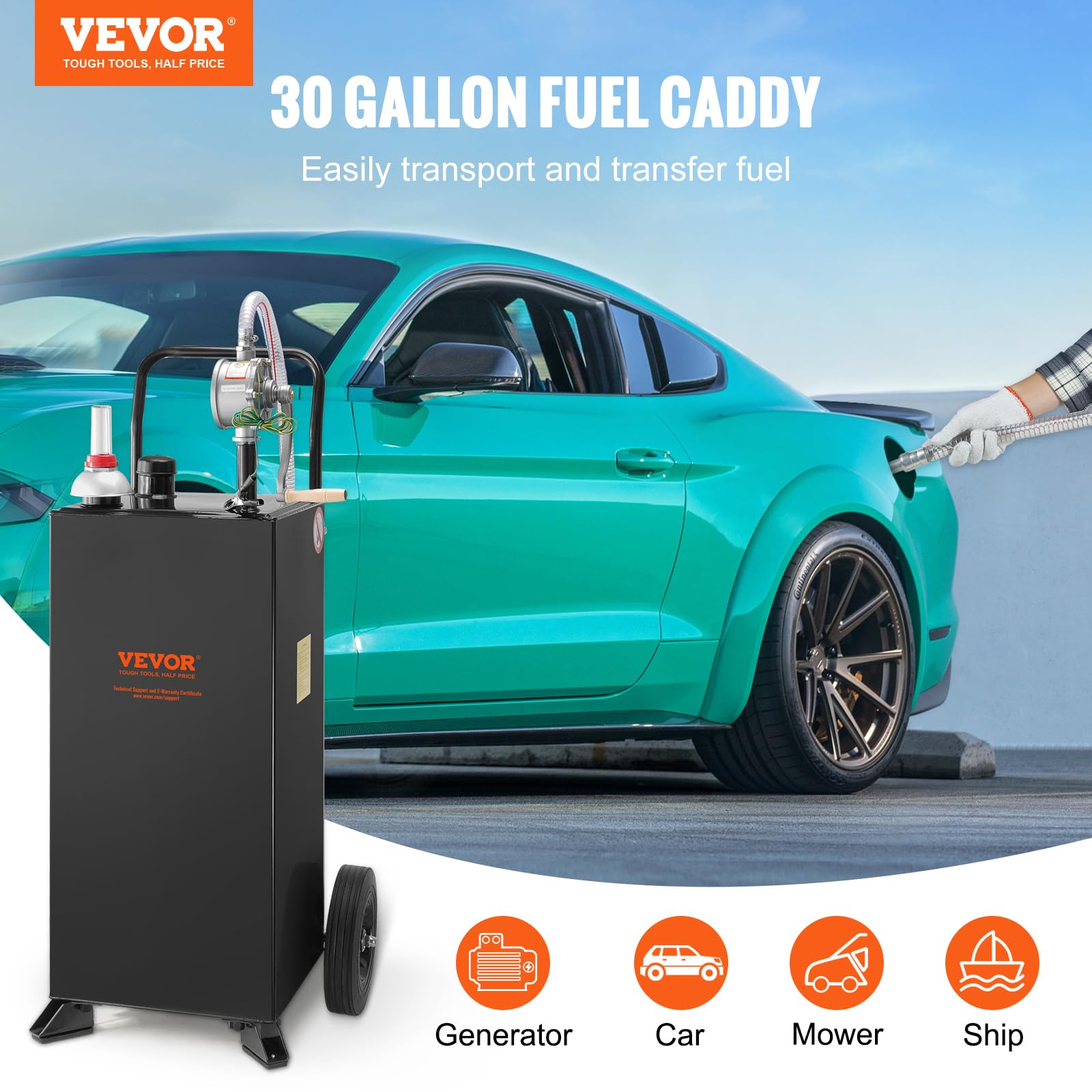 VEVOR 30 Gallonen Gas-Caddy, Kraftstoffspeichertank mit Rädern, tragbarer Kraftstoff-Caddy mit manueller Transferpumpe, Benzin-Diesel-Kraftstoffbehälter für Autos, Rasenmäher, Geländefahrzeuge, Boote