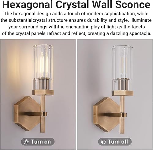 Miniatura 6 de SKFWAITKW Apliques de pared de latón, apliques de baño dorados de 12.5 pulgadas con pantalla de cristal hexagonal, luces de tocador doradas,