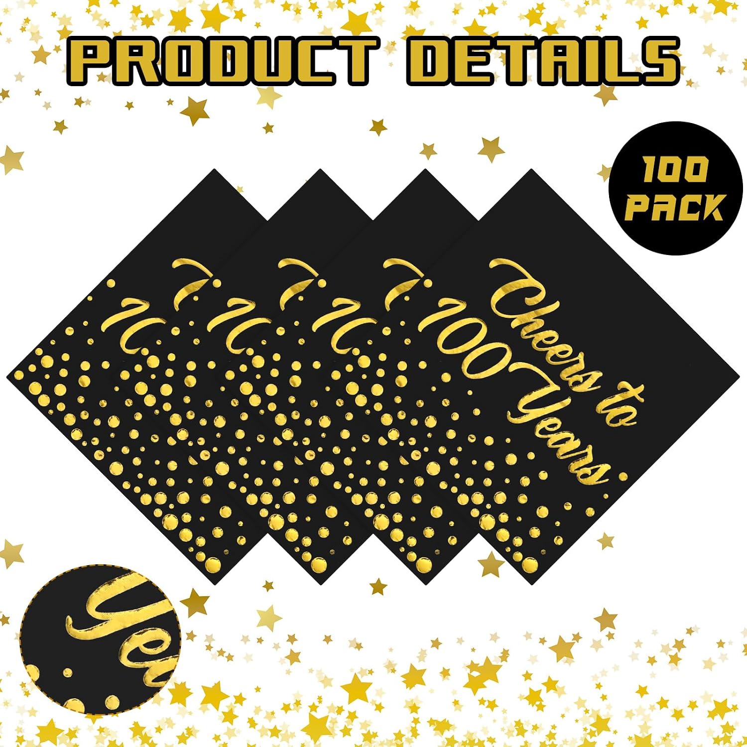Qilery 100 Pcs Gold Black Foil Birthday Napkins Cheers to 100 Years Anniversary Birthday Decorations Cocktail Napkins Folded 6.5 x 6.5 Inch 3 Ply Disposable Tissue for Party