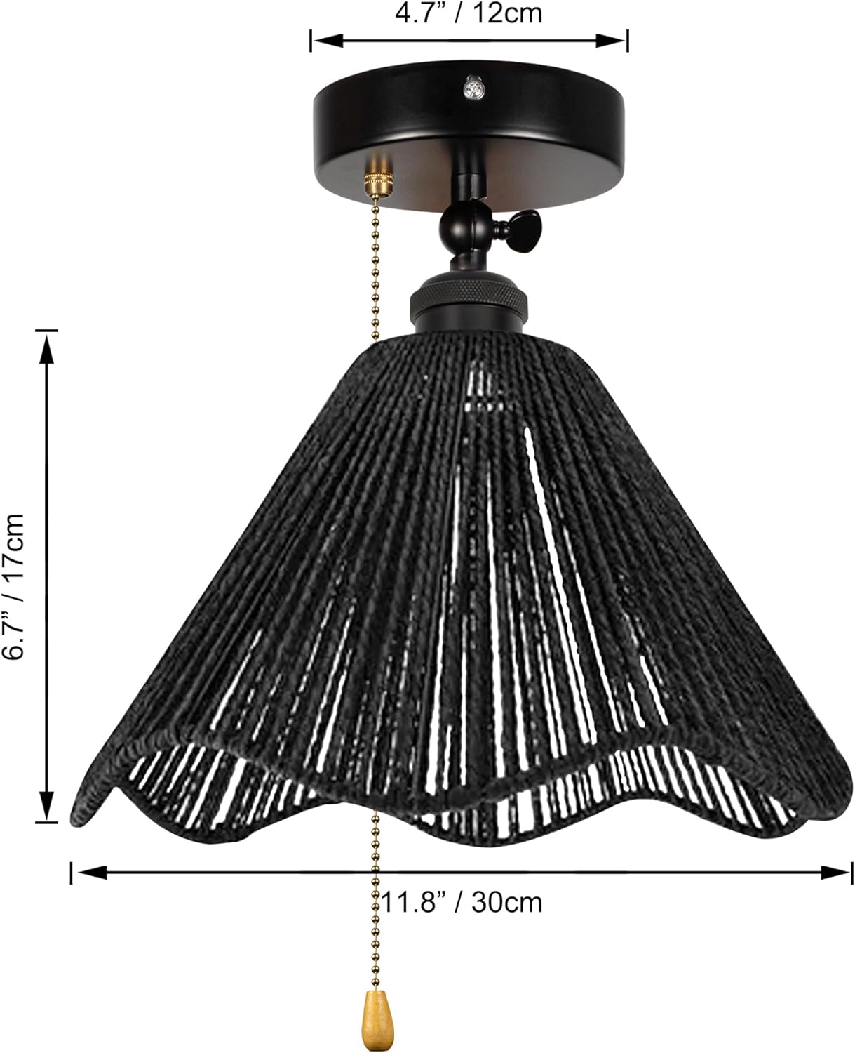 Adjustable Light, Zipper Switch 12V RV Industrial Hand Woven Natural Boho Rattan Black Empire Lampshade, E26 Socket Semi Flush Mount Interior Lighting Decorative for RV Camper Hallway