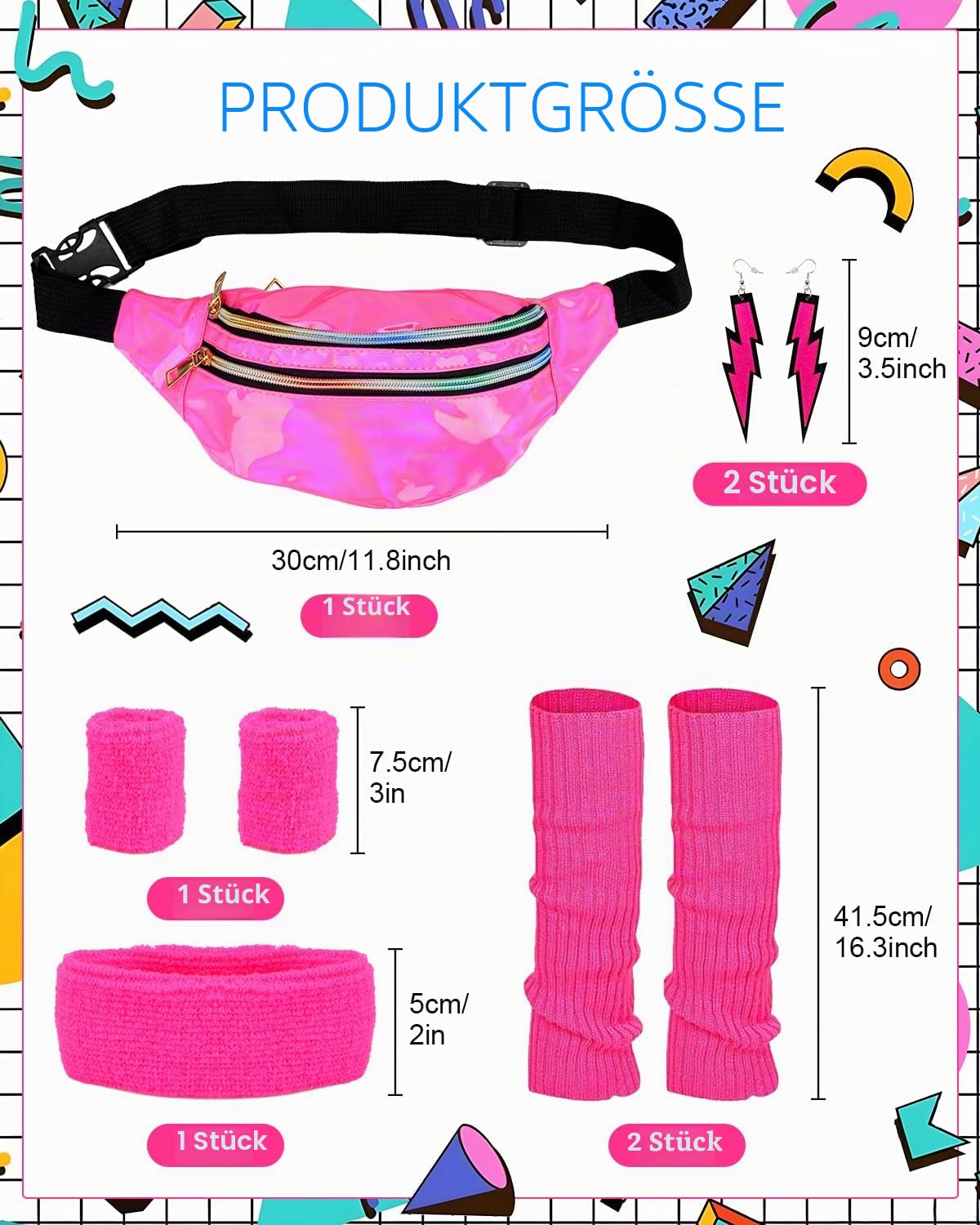 80er Jahre Outfit Damen Set Retro Trainingsanzug Kostüm 80s 90s Kleidung Kostüm Accessoires Clothes Trikot, Leggings, Stirnband, Armbänder, Beinwärmer, Ohrringe, Gürteltasche
