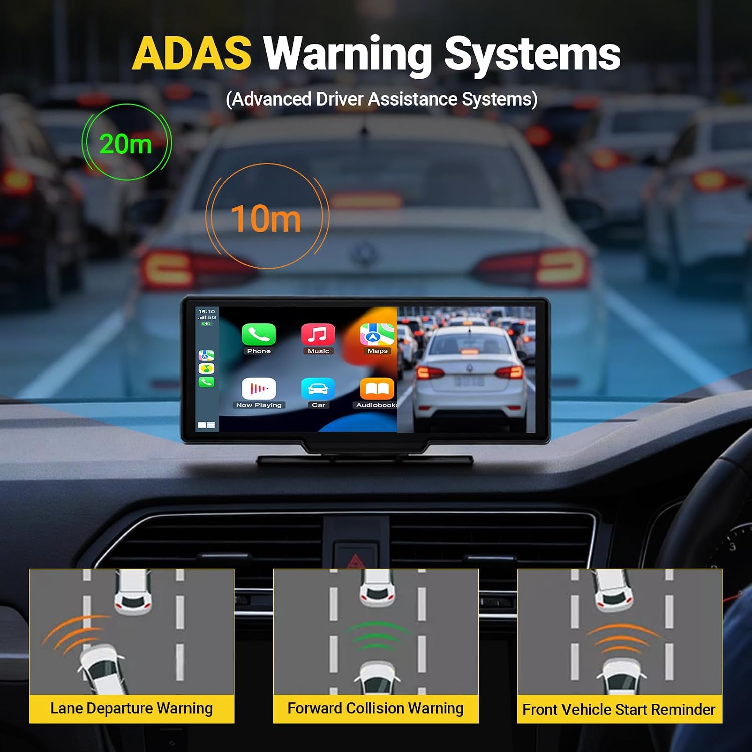 V30 Apple Carplay Screen for Car, 10.26" Touch Screen, Wireless Carplay with Android Auto, 2K Dash Cam,1080p Backup Camera DVR, GPS Navigation/Voice Control/Mirror Link/ADAS