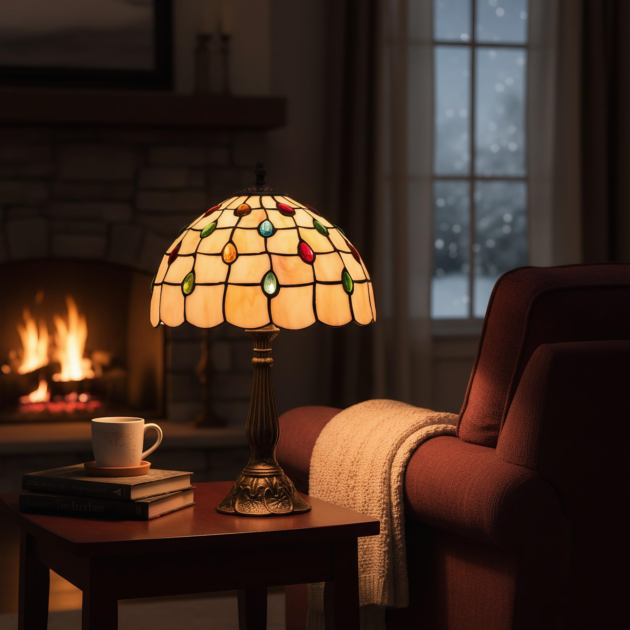 BARCELONA LED "Rafa" Tischleuchte im Tiffany-Stil Ø 30cm Lampenschirm aus Beige-Mehrfarbigem Glas. Klassisches Art Nouveau Vintage. E27 Lampe für Wohnzimmer, Schlafzimmer, Nachttisch und Büro