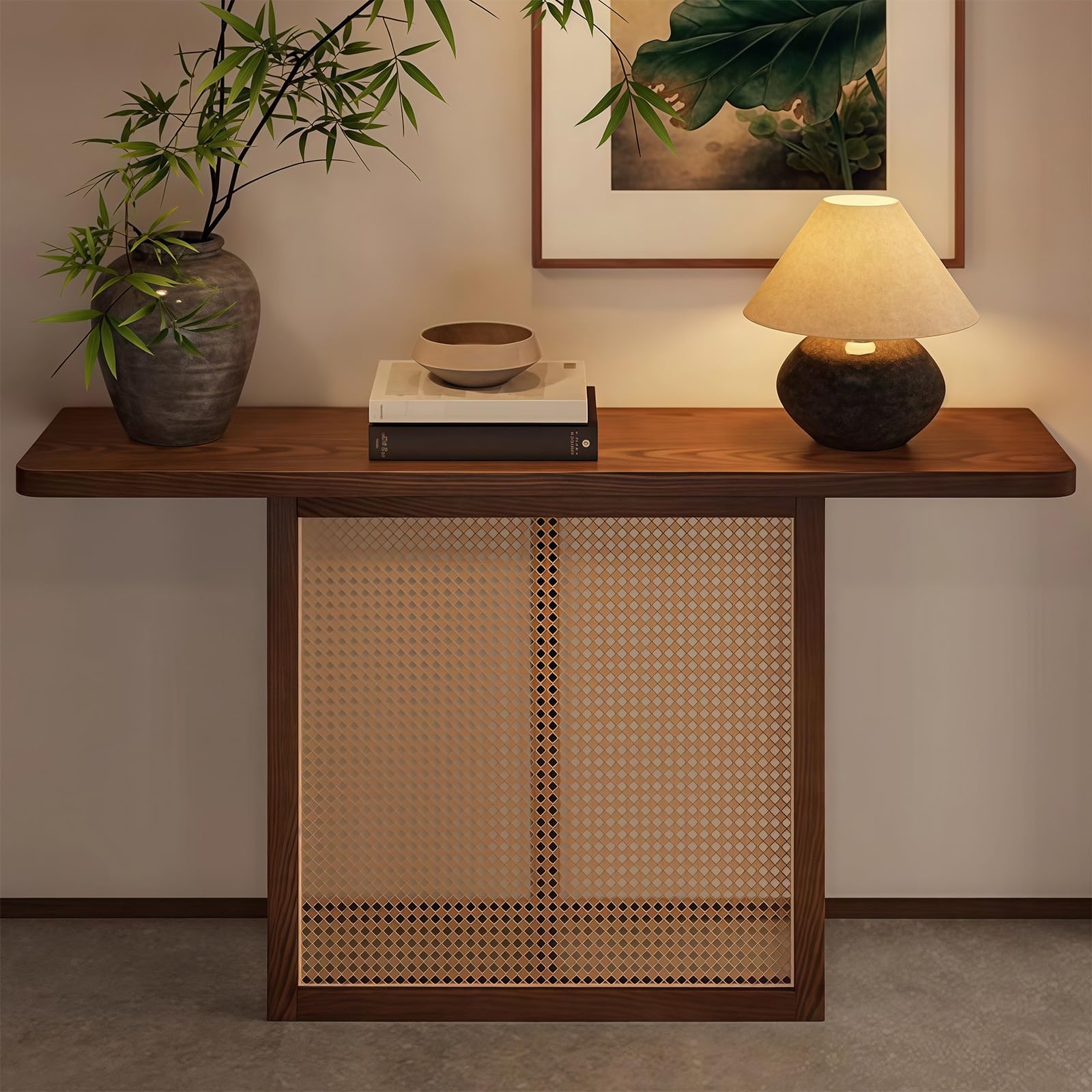 Mesa consola de madera maciza noble y frontal de ratán natural