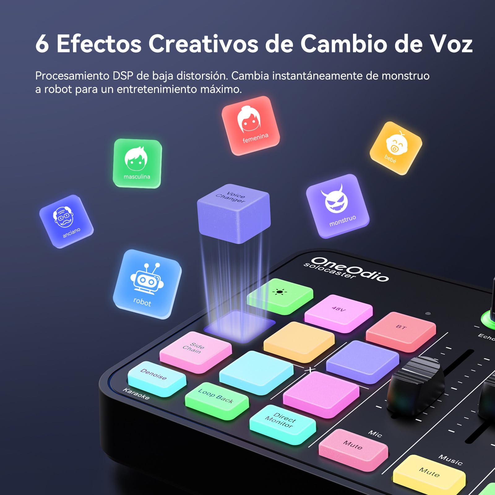 OneOdio Solocaster Mezclador de Audio para Gaming - Interfaz de 5 Canales con Alimentación Fantasma 48V, Bluetooth, Iluminación RGB, 3.5mm/XLR/USB-C, para Streaming/Podcast/Karaoke en PC, Mac y Móvil