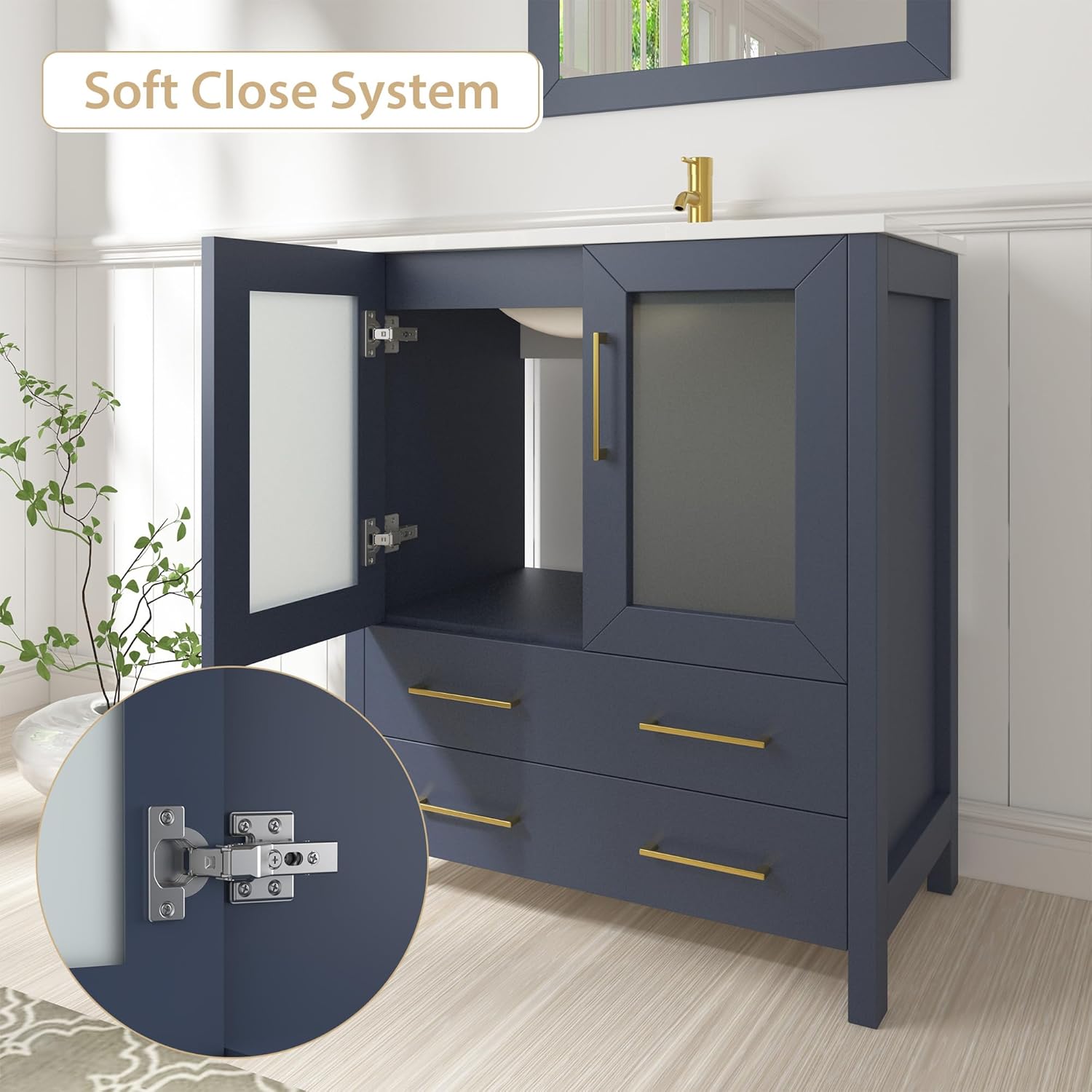 Vanity Art 84 Inch Under Mount Double Sink Bathroom Vanity Cabinet with 2 Mirrors, Ceramic Top Bathroom Cabinet Compact Set with 13 Dovetail Storage Drawers and Gold Finish Handles, VA3024-84B