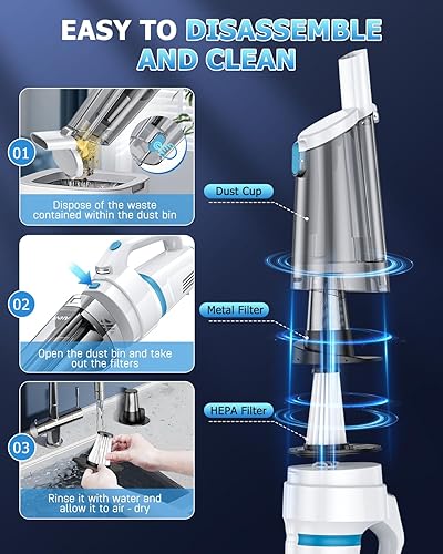 Miniatura 8 de AHNR Aspiradora de mano inalámbrica, 16000 PA, potente succión de mano, eliminadores de polvo sin cables, recargable con luz LED y 2 filtros HEPA,