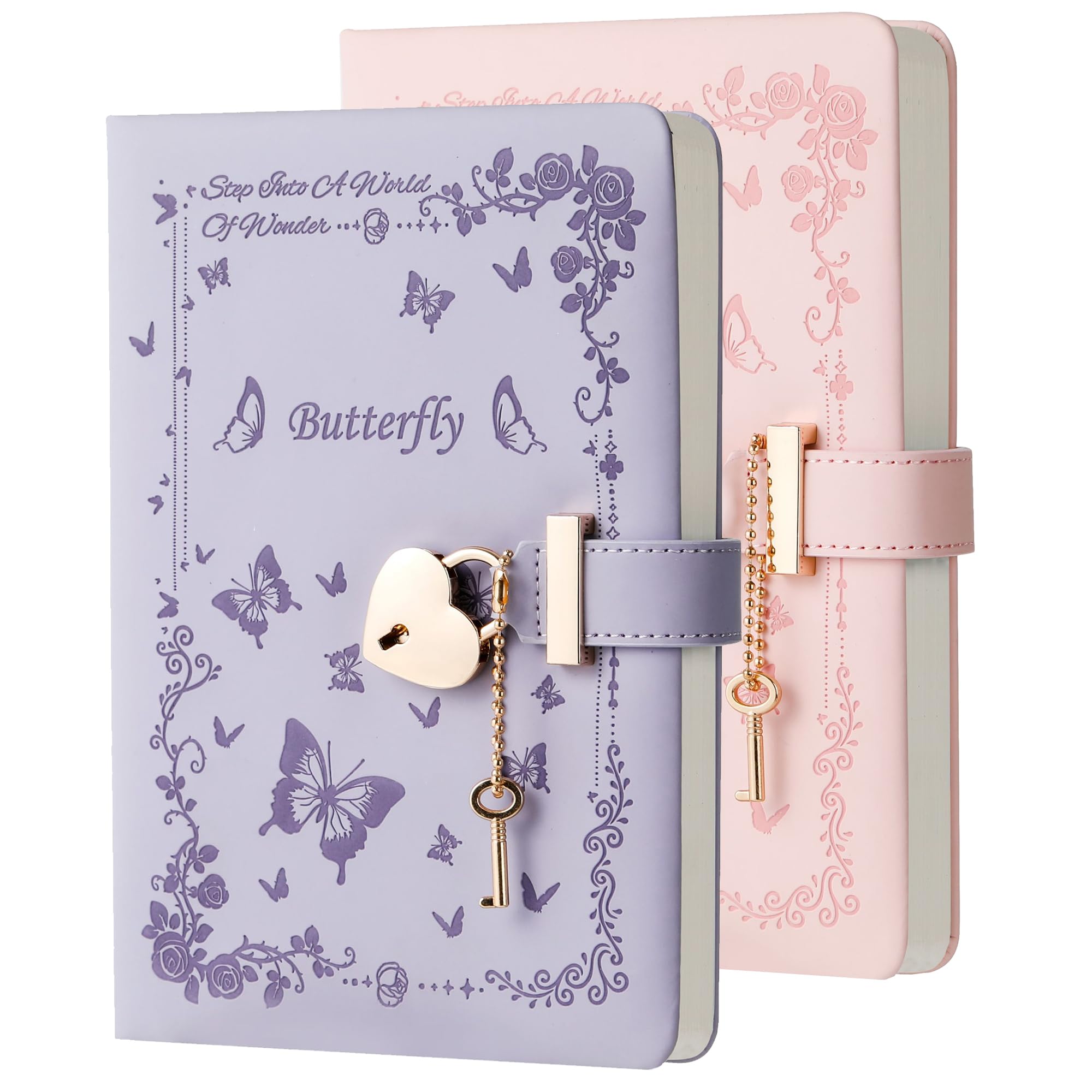 Lot de 2 agendas avec serrure et clé pour filles de 8 à 12 ans - Journal avec serrure pour adolescentes - 224 pages - Journal verrouillé en forme de cœur pour femme - Rose, violet