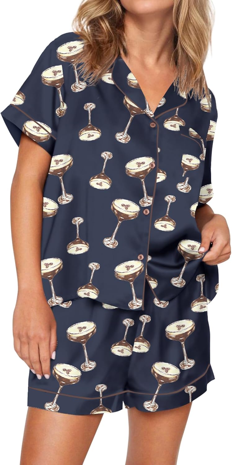 SHESHOW Satin Pajamas for Women Set Preppy Animals Pjs Short Sleeve Shorts 2 Piece Loungewear Sets XS-XXL - Image 2