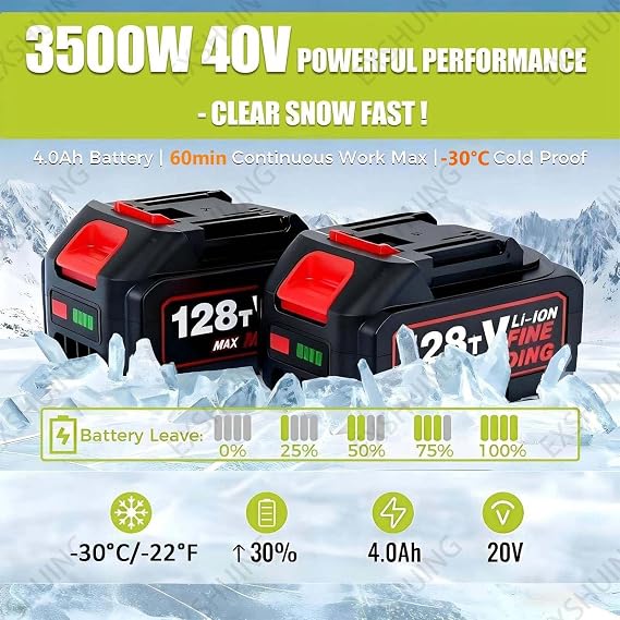 Cordless Snow Blower for Driveways and Patios, 3500w Brushless Motor Electric Snow Thrower, 20-Inch (50 Cm) Wide Clearing, 10-Inch (25 Cm) Deep Clearing, with Led Lights and 2 Batteries