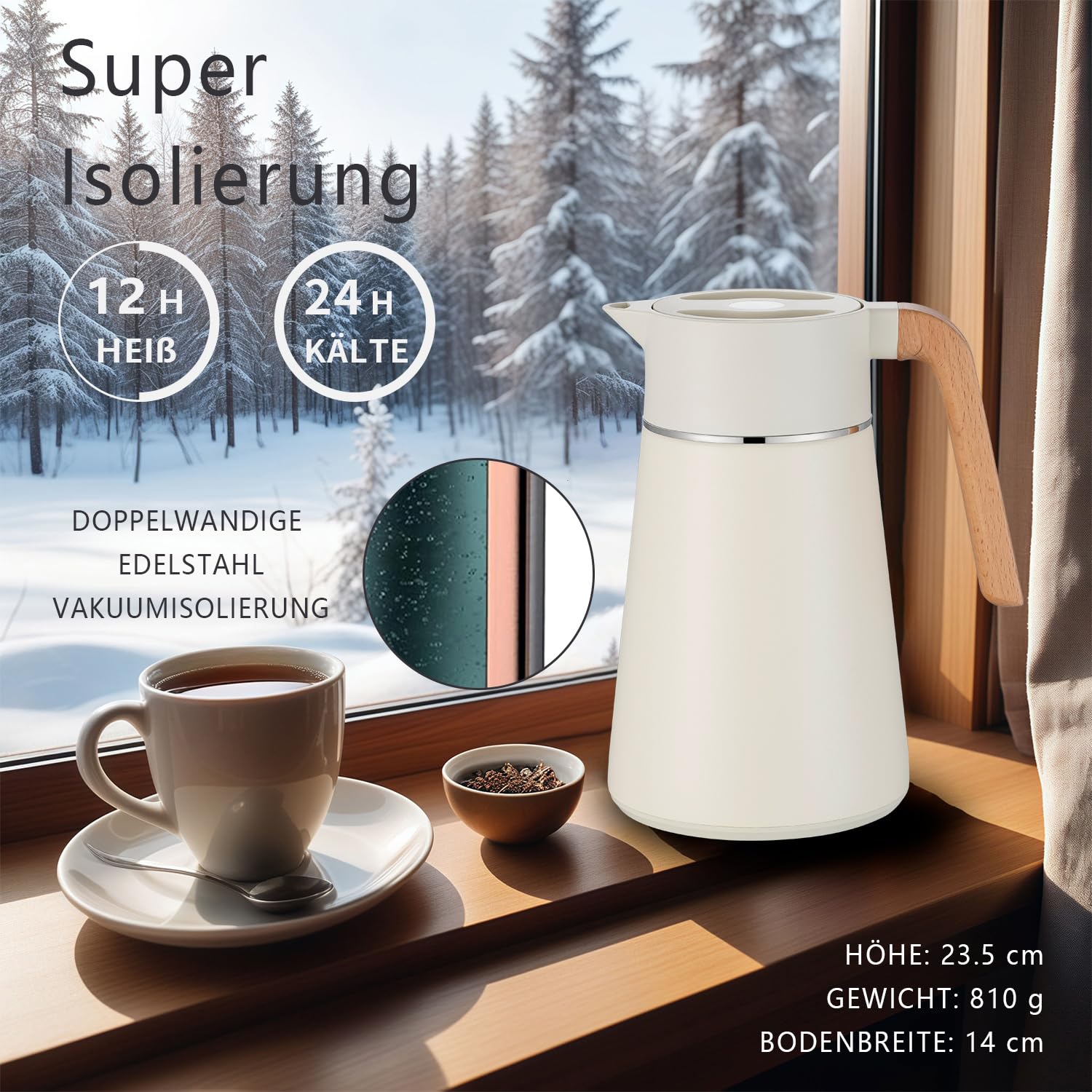 VETIN Termo con colador de té de 1,5 l de acero inoxidable 304, jarra térmica | A prueba de fugas, 10 h caliente y 16 h frío, para té, café y bebidas frías (tapa: blanco | cuerpo: beige cálido)