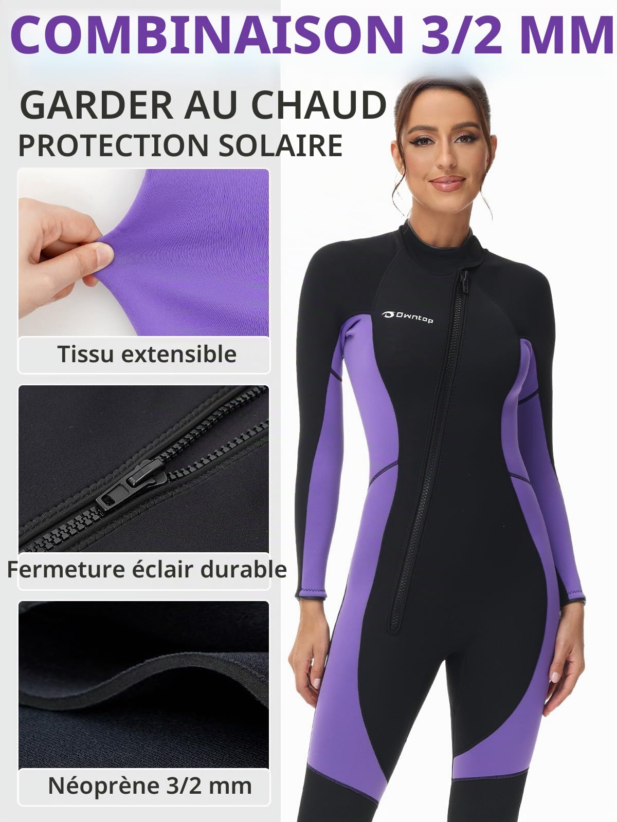 Owntop Femmes Combinaison de Plongée 3/2mm - Combinaison Humide à Fermeture Éclair Avant, Stretch Pro Néoprène Thermique Longueur Complète pour Surf Plongée avec Tuba, Femme Violet XXL